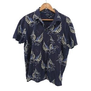 Polo Ralph Lauren Men's Large Featherweight Mesh Polo Shirt Navy Sailboat Print